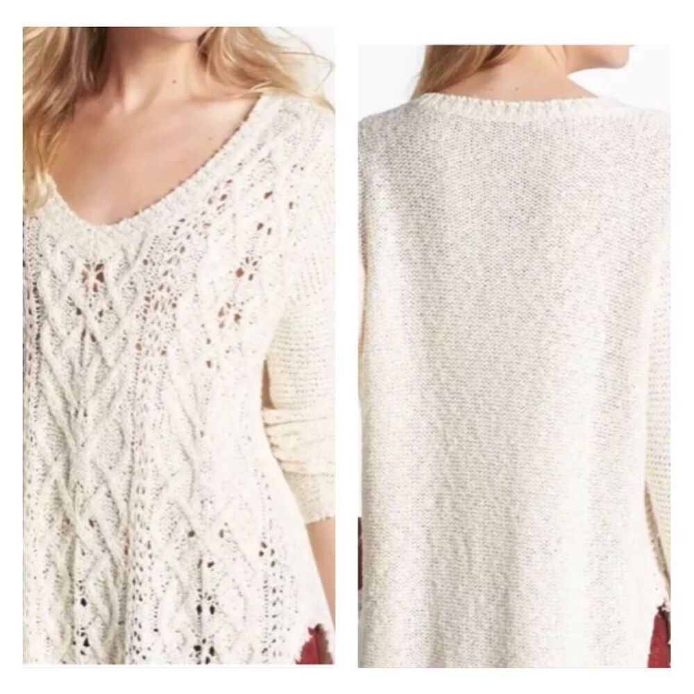 Free People Cross My Heart Vneck‎ Sweater Women’s S Pullover Cream Grunge Boho